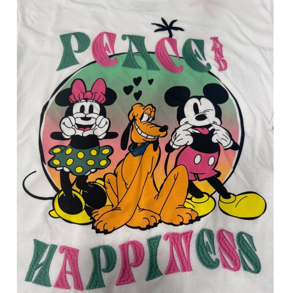 Disney Mickey Mouse Peace Happiness Graphic Tee T-Shirt White XS Embroidered